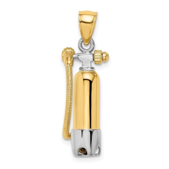 14k Yellow Gold w/Rhodium 3-D Single Scuba Tank W/ Hose Charm